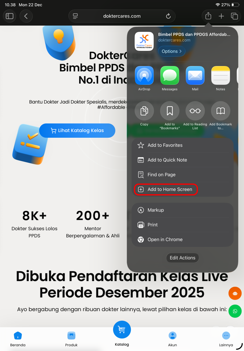 Pilih Add to Home Screen iPad